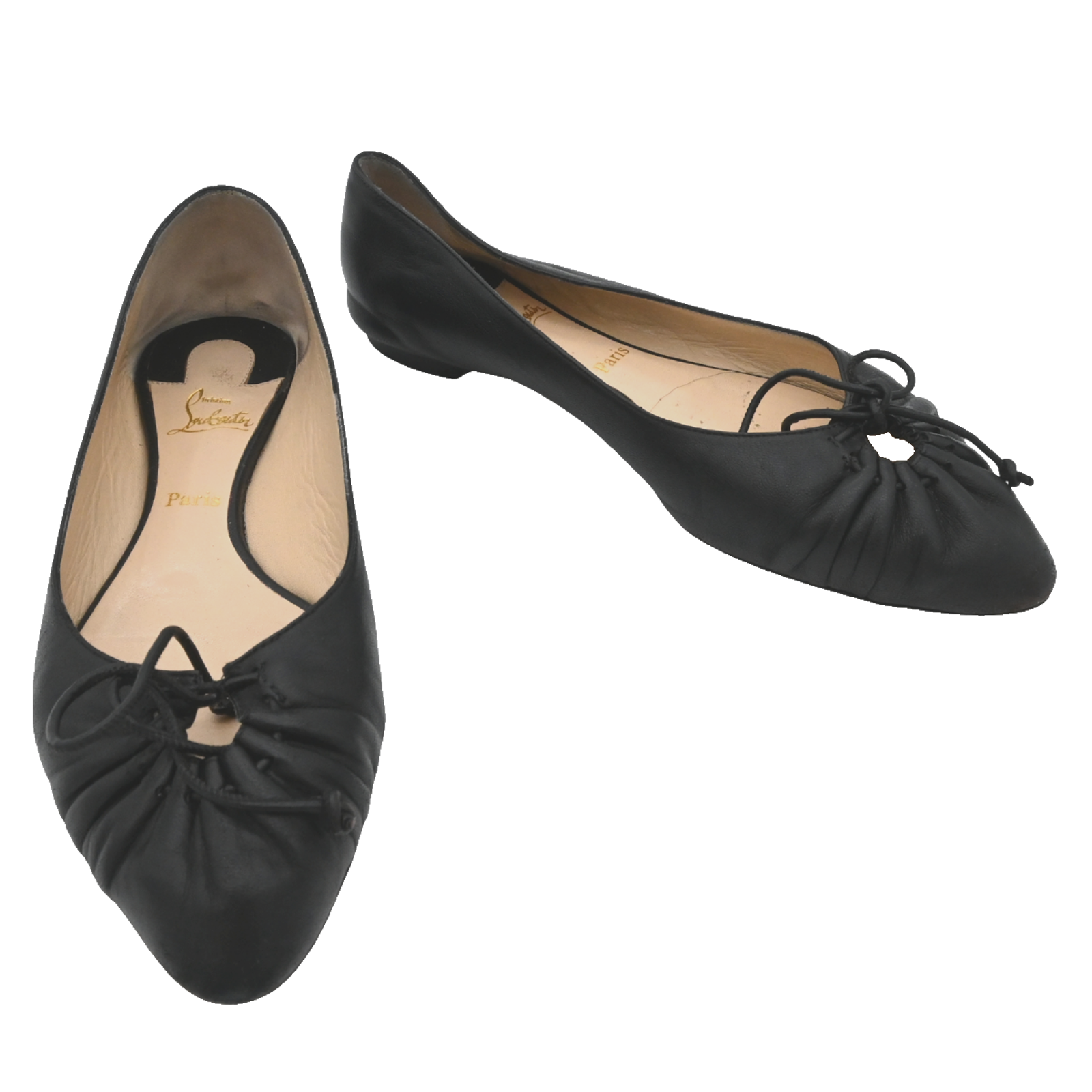 Christian Louboutin Merimee Black Leather Ruched Tie Flats Size 36